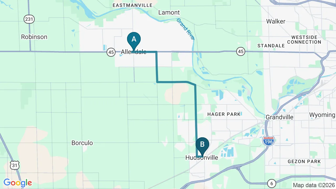 Driving directions map from Allendale, MI to Bluebonnet Chiropractic in Denver