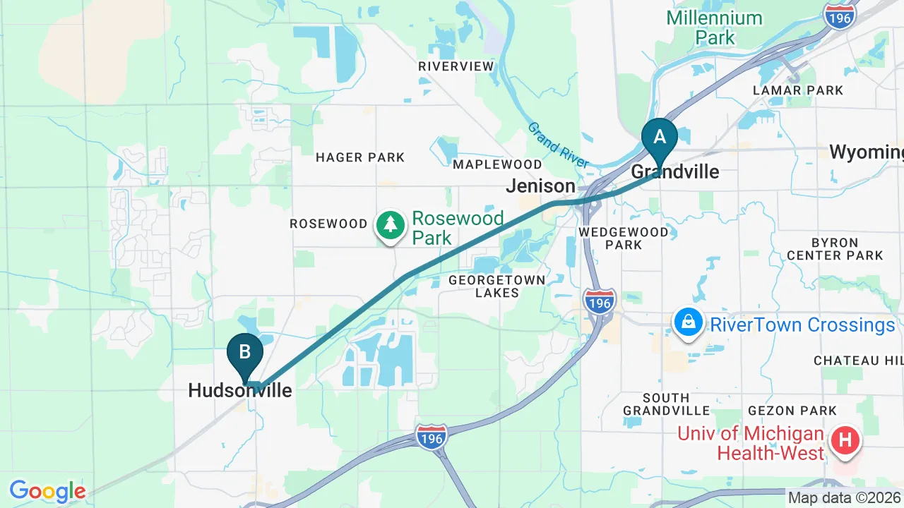 Driving directions map from Grandville, MI to Bluebonnet Chiropractic in Denver