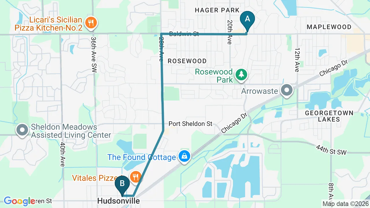 Driving directions map from Jenison, MI to Bluebonnet Chiropractic in Denver