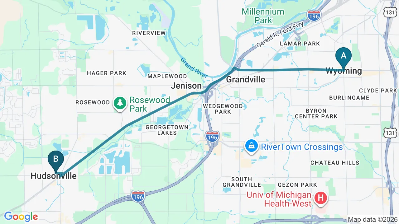 Driving directions map from Wyoming, MI to Bluebonnet Chiropractic in Denver