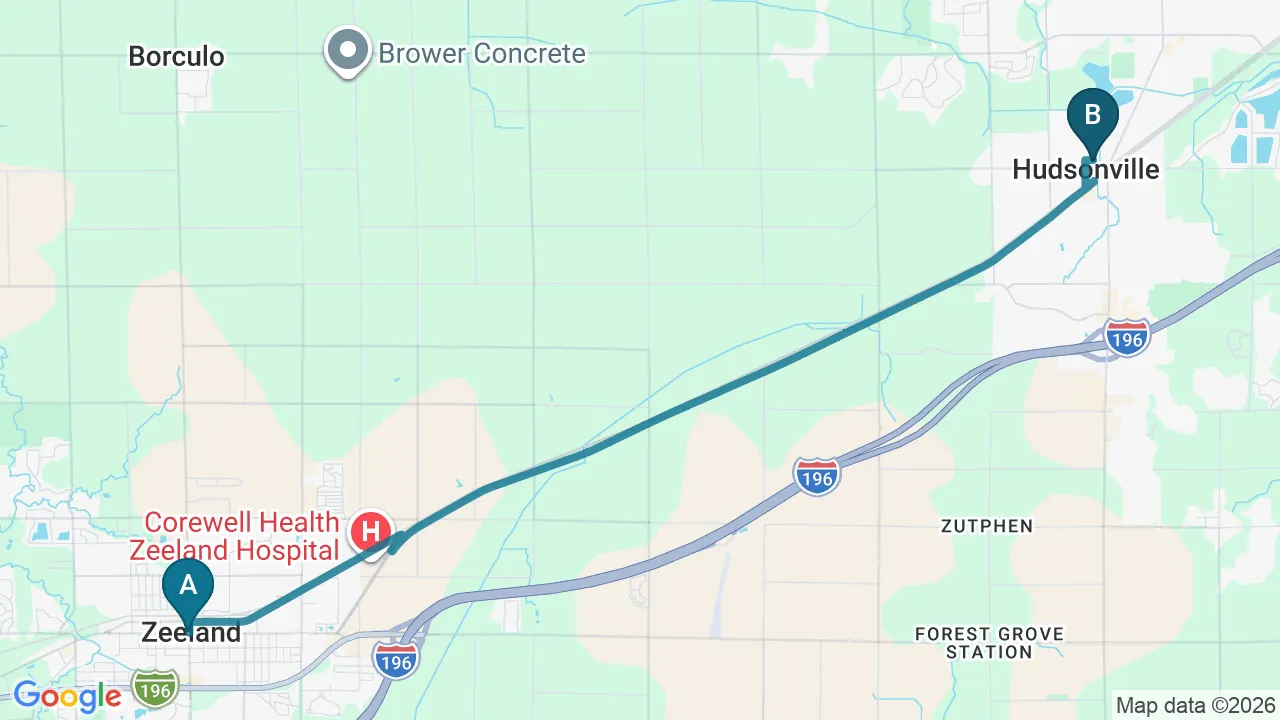 Driving directions map from Zeeland, MI to Bluebonnet Chiropractic in Denver